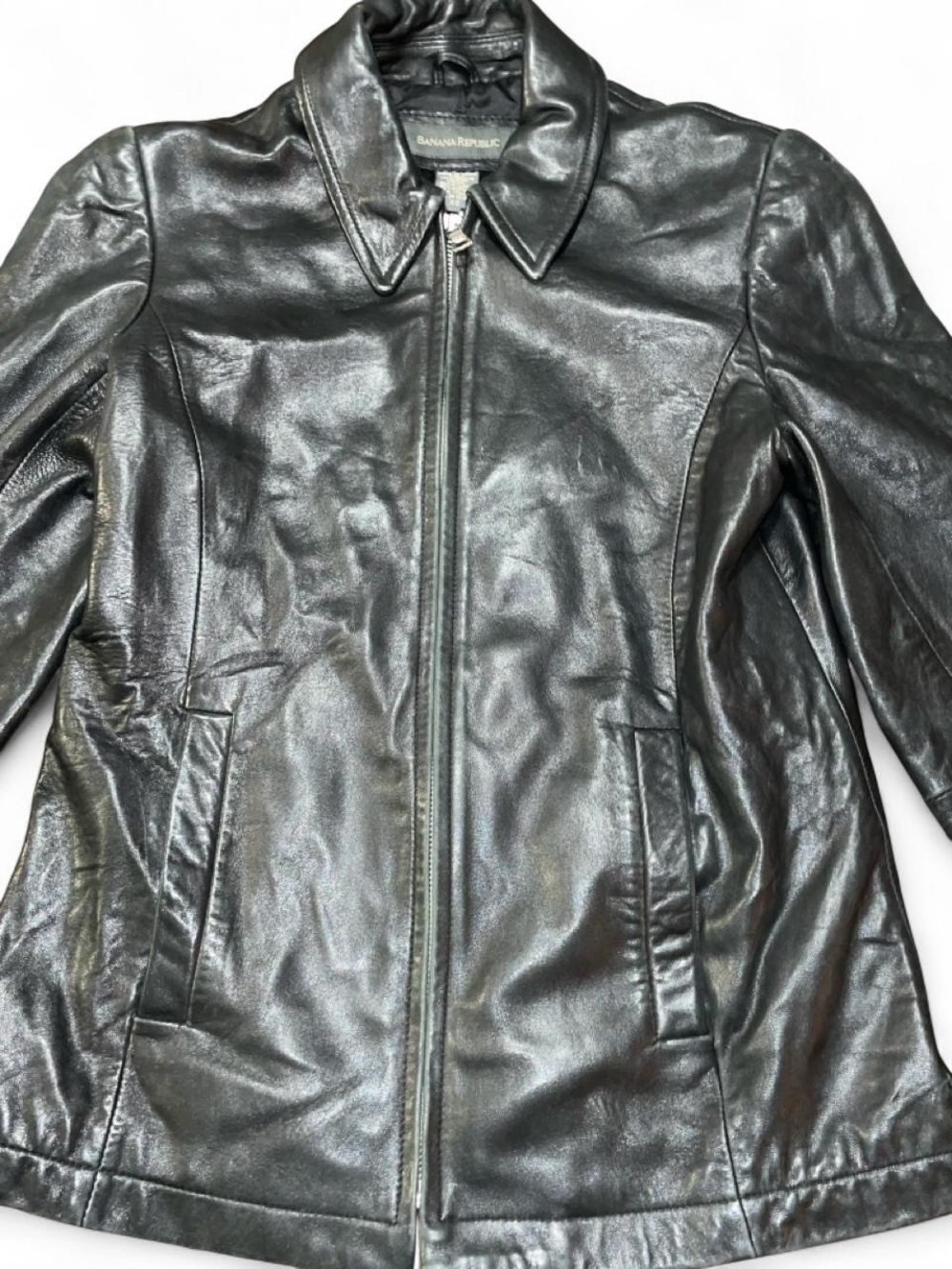 Banana Republic Women's Black Leather Zip Jacket with Classic Collar